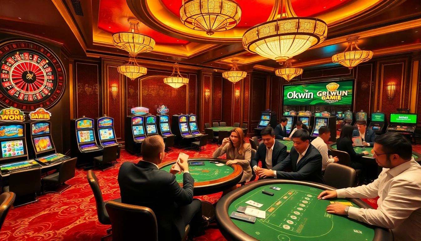 Players enjoying a thrilling game at okwin's luxurious casino tables while celebrating big wins.