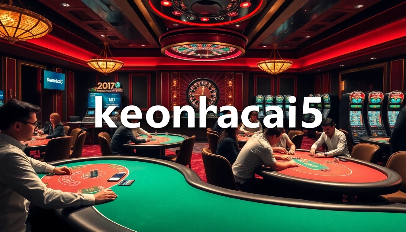 Engage with keonhacai5's exciting gaming atmosphere in a luxurious casino featuring intense poker and betting.