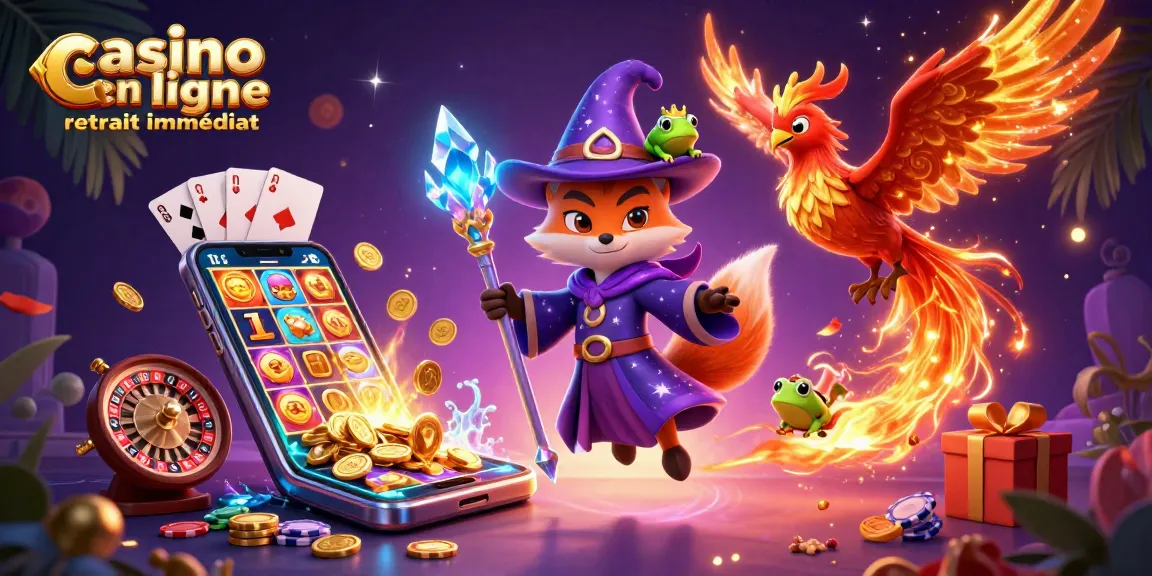 Jouez à casino en ligne retrait immédiat avec un sorcier, un phénix et une grenouille, entourés d'éléments de casino.