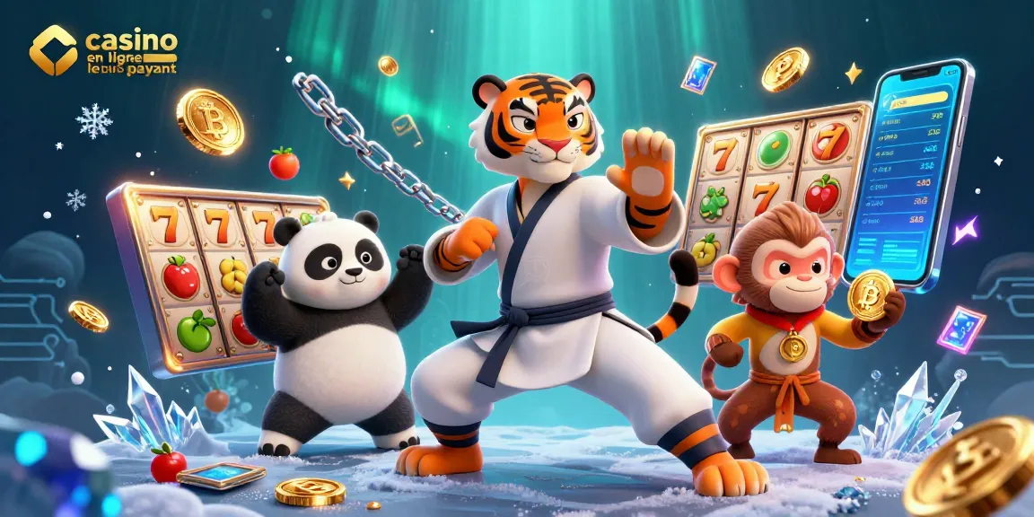 Illustration de casino en ligne le plus payant avec maître tigre kung-fu, panda et singe voleur.