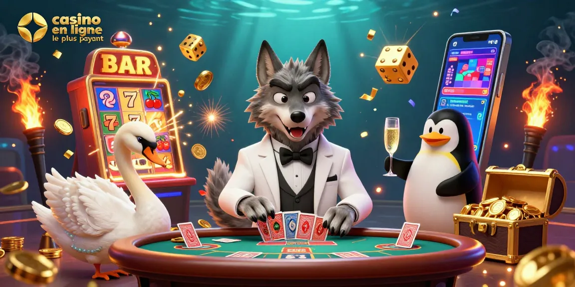 Illustration d'un casino en ligne le plus payant avec un loup en costume, une cygne distribuant des cartes et un pingouin présentant le champagne.
