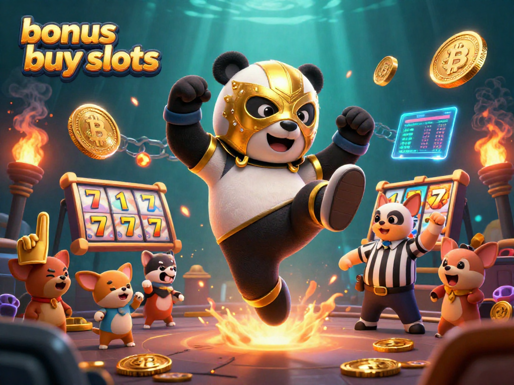 Engage in bonus buy slots excitement with a cartoon panda wrestler and festive crypto elements.