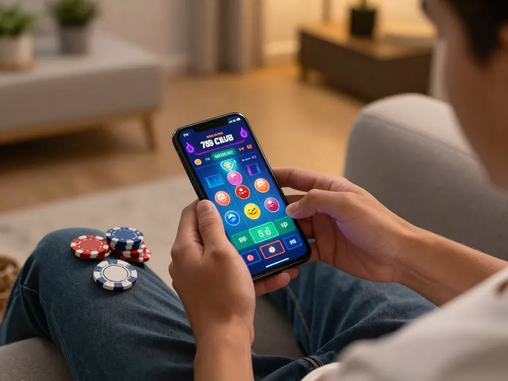 Player enjoying the 789 club mobile app, showcasing vibrant gameplay in a cozy home setting.