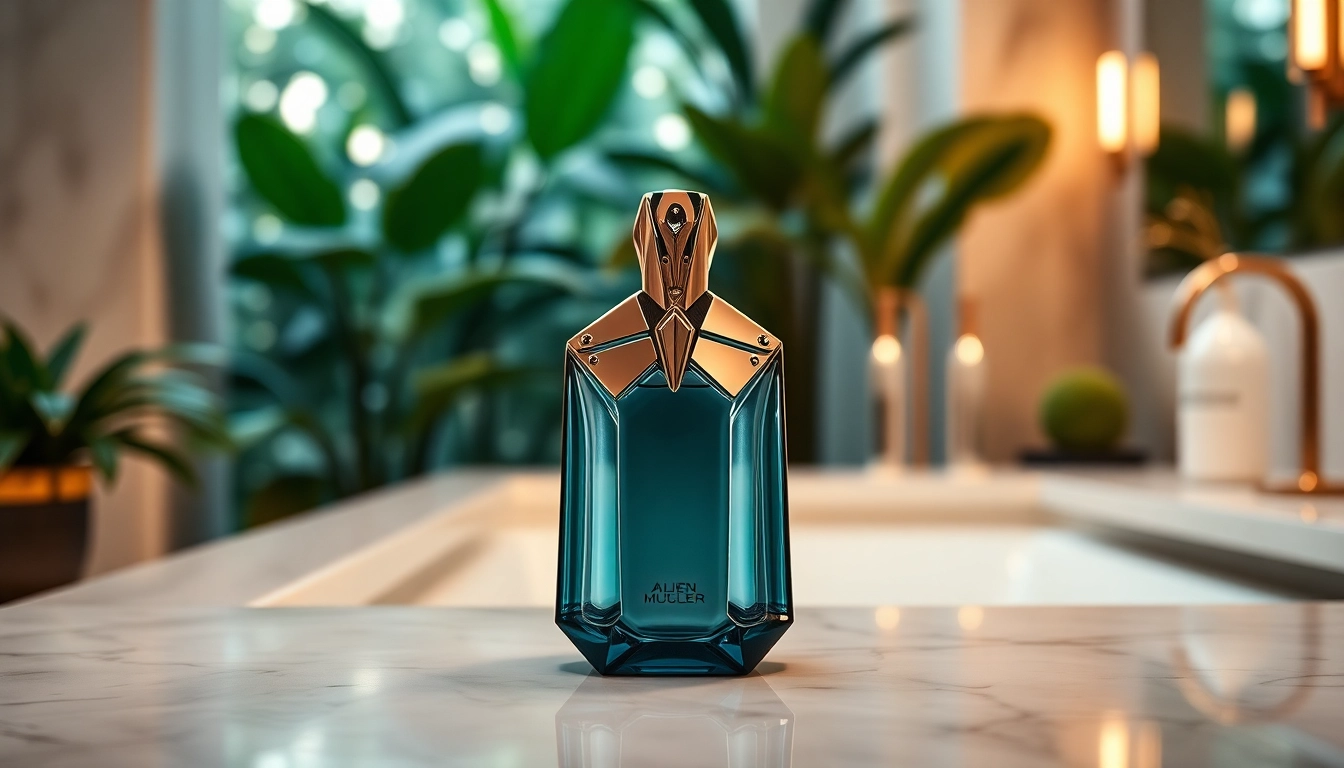 Admire the luxurious Alien Mugler fragrance in an elegant bathroom setting.