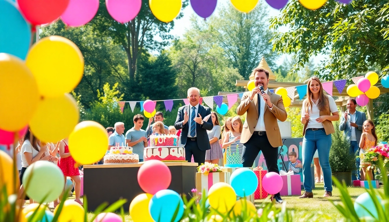 Dynamic scene of birthday party entertainers delighting attendees at a festive celebration.