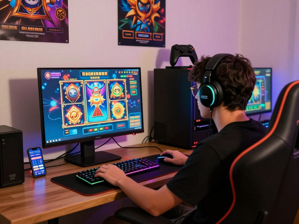 Pengalaman slot gacor dengan pemain terlibat dalam permainan, aksesori gaming modern, dan suasana yang energik.