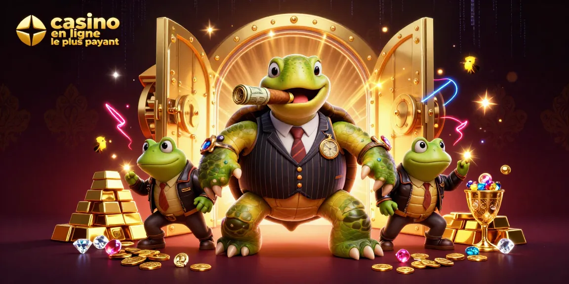 Casino en ligne le plus payant : illustration d'une tortue mafieuse entourée de pierres précieuses et de trésors.
