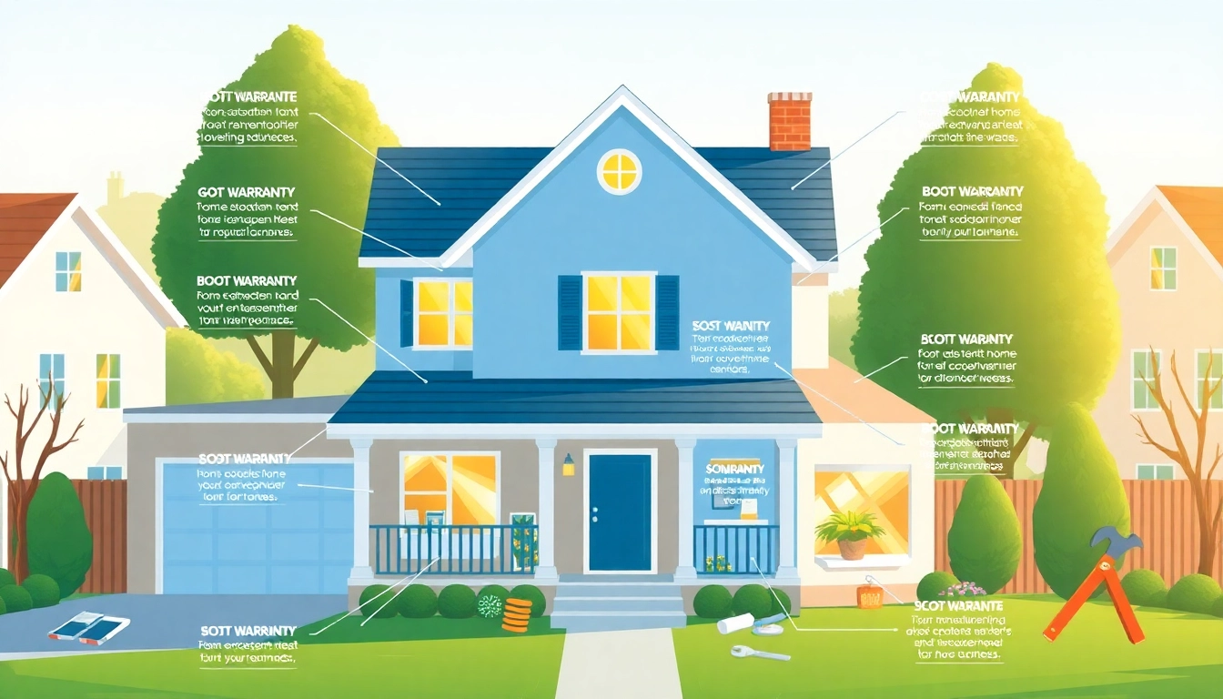 Illustration of a house showing what does a home warranty cover and not cover with clear sections.