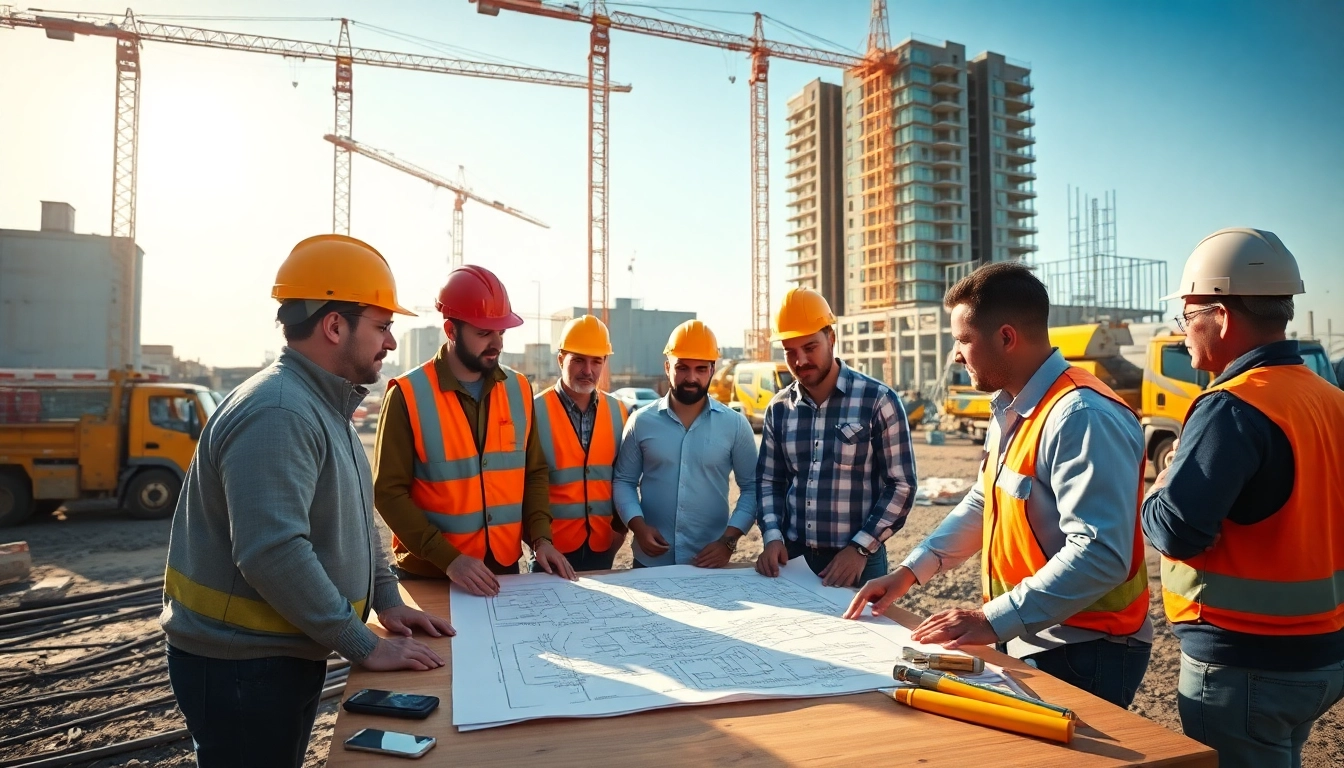 Workers discussing plans at a Tennessee construction association site with cranes in the background.