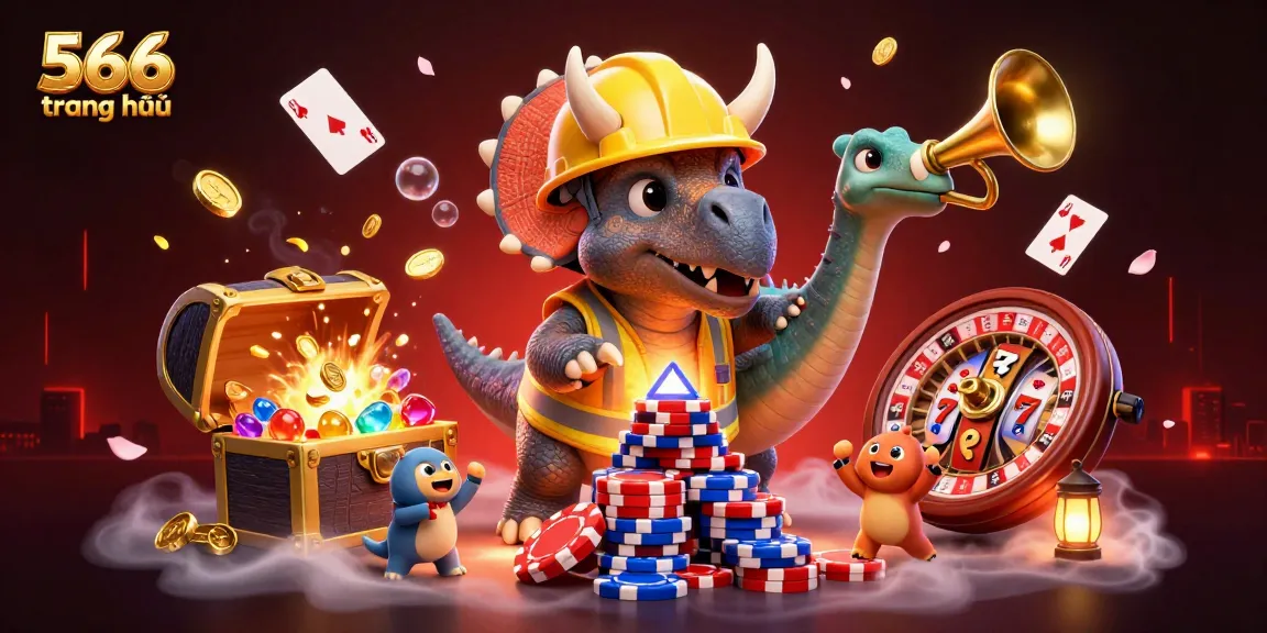 Engage with 566 trang chủ as a playful triceratops builds a poker chip pyramid amidst dynamic casino elements.