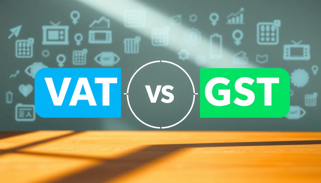 Illustration depicting the vat and gst difference using comparative graphics and icons.