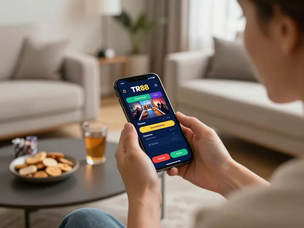Player using the TR88 casino app on mobile while enjoying a cozy home environment.