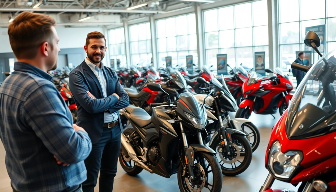 Motorradhändler berät Kunden in einem modernen Motorradgeschäft mit vielfältiger Auswahl.