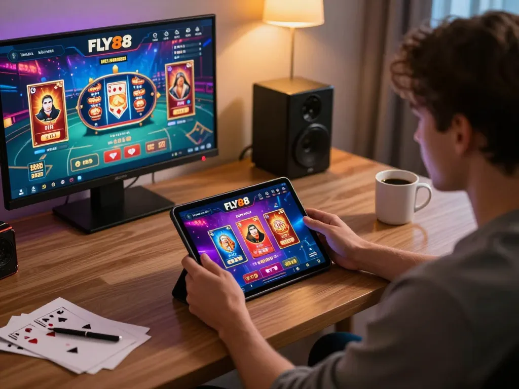 Player using the FLY88 casino app on a tablet for an engaging gaming experience at home.