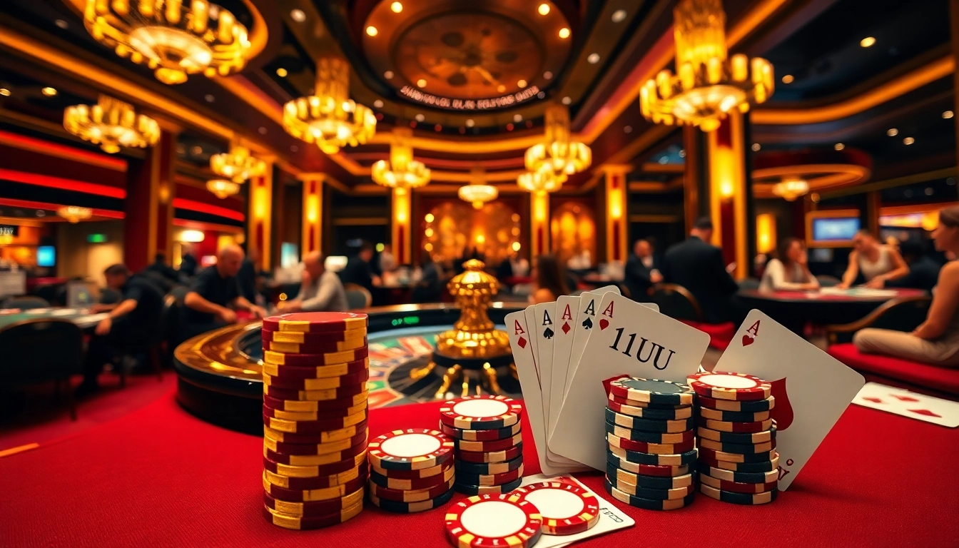 Exciting casino action featuring colorful poker chips labeled '11UU' at a vibrant gambling table.