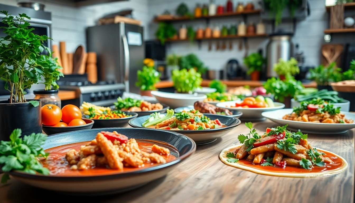 Experience recipesalexarciab.com with a vibrant display of expertly prepared dishes in a cozy kitchen setting.