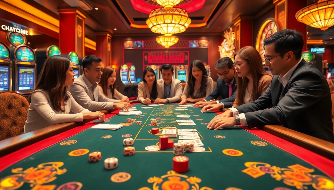 Engaged players strategizing at a luxurious Tài Xỉu online app game table with vibrant dice and chips.