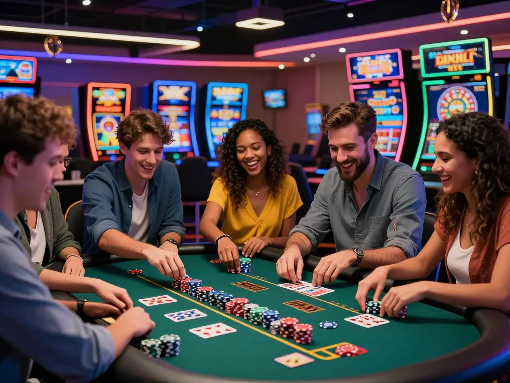 Friends enjoying a lively game at 23win casino, showcasing excitement and vibrant gaming atmosphere.
