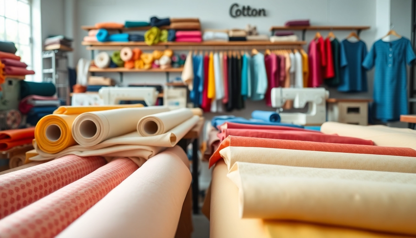 Verkenning van 100% katoen stoffen met levendige kleuren en unieke patronen in een textielwerkplaats.