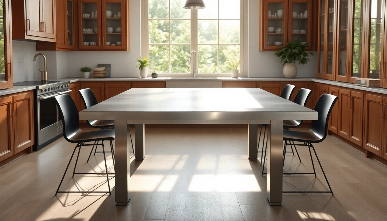 Elegant steel table for kitchen enhancing the modern ambiance with its sleek design.
