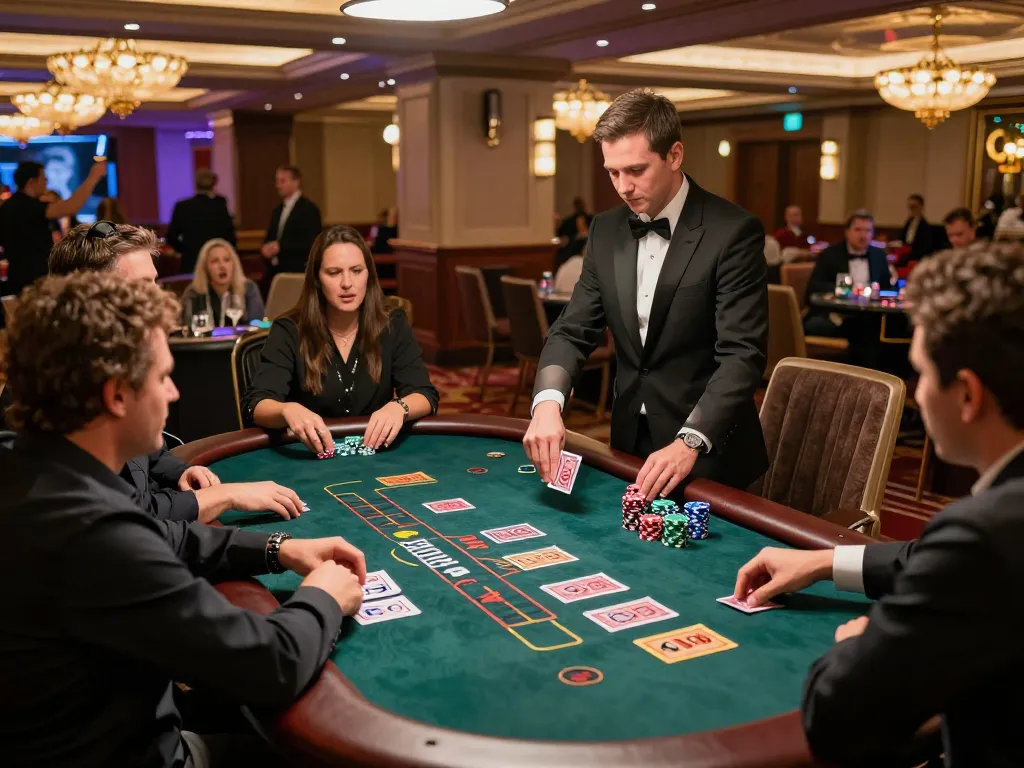Players strategizing at TG88 blackjack table in a lively casino atmosphere.