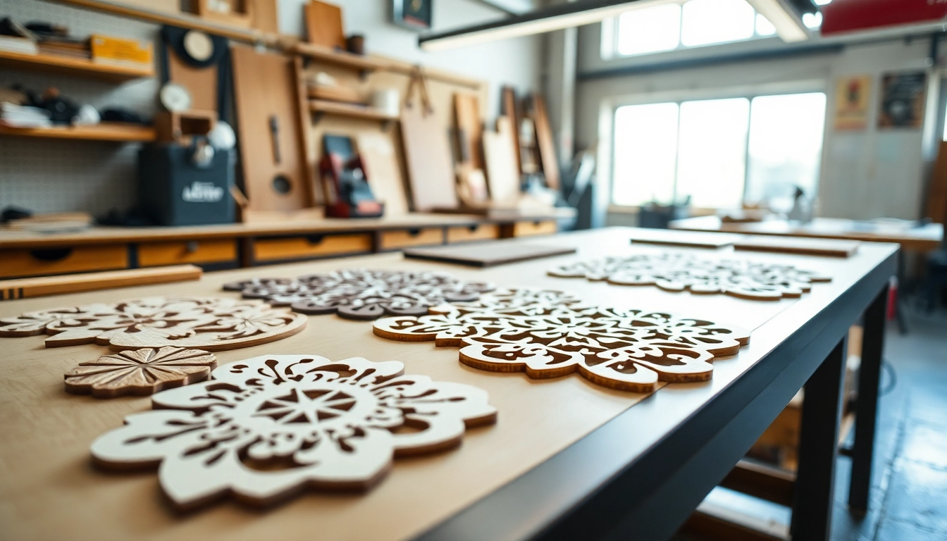 Showcase of laser cutting designs featuring intricate patterns on wood and acrylic surfaces.