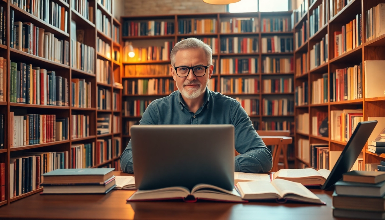 Read a Booklab Authority Review in an inviting library with an engaged author writing.