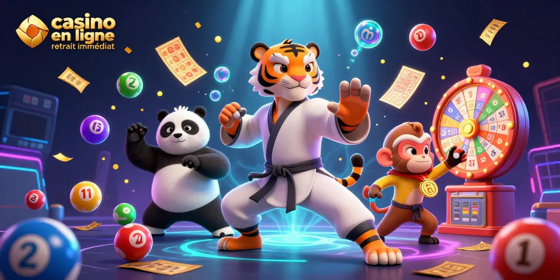 Illustration d'un casino en ligne retrait immédiat avec un tigre maître de kung fu et un panda disciple.