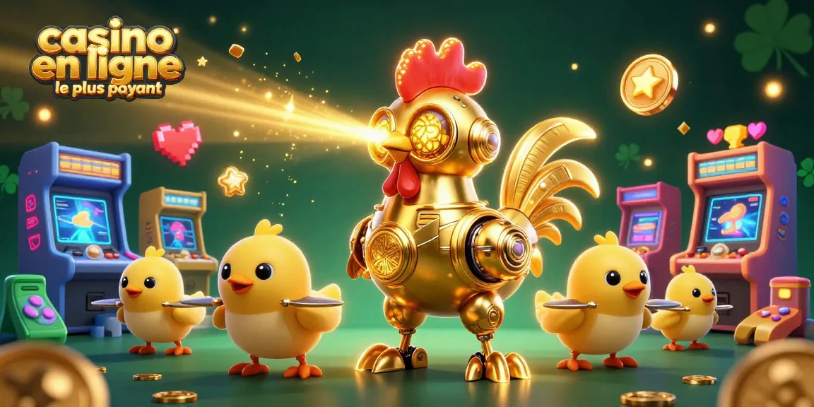 Le casino en ligne le plus payant présente un rocher robot doré entouré de jeux d'arcade colorés.