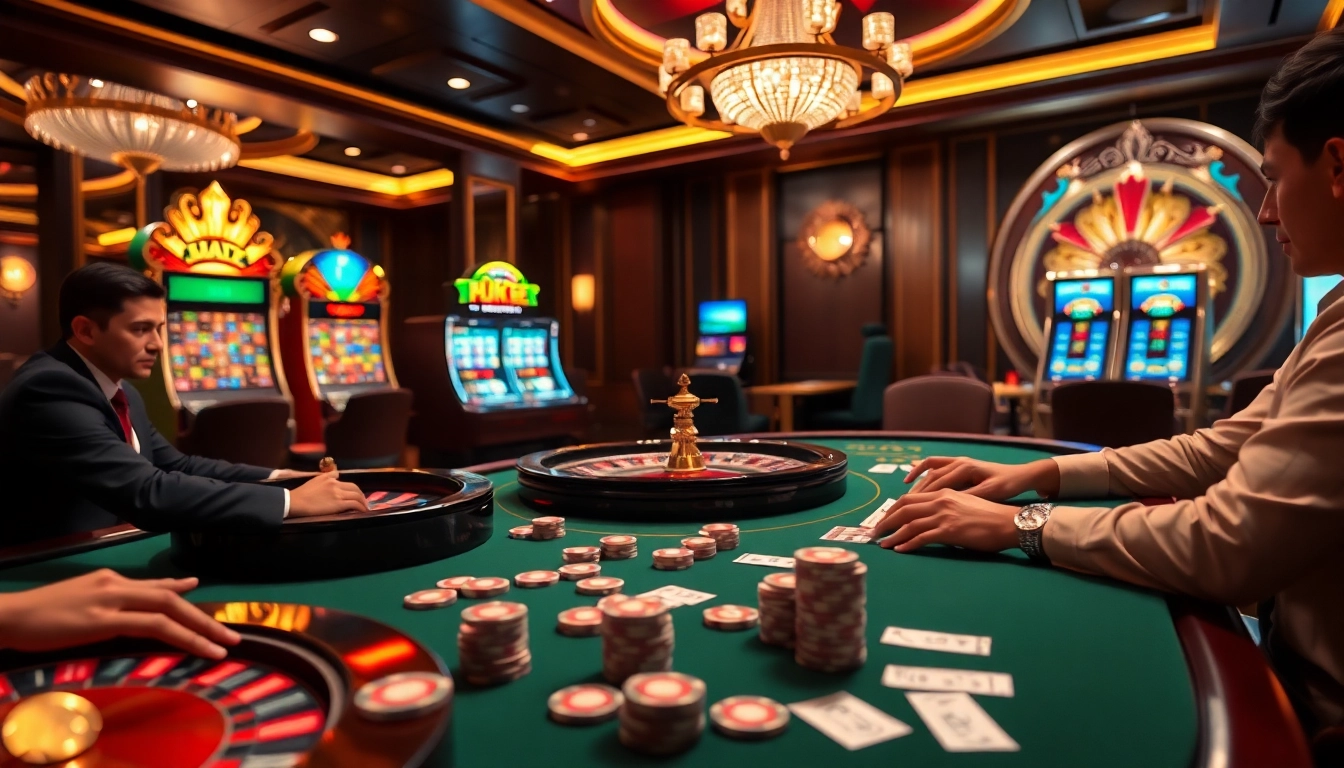 Experience the excitement of Cổng game B52 with players engaged in high-stakes poker and roulette.