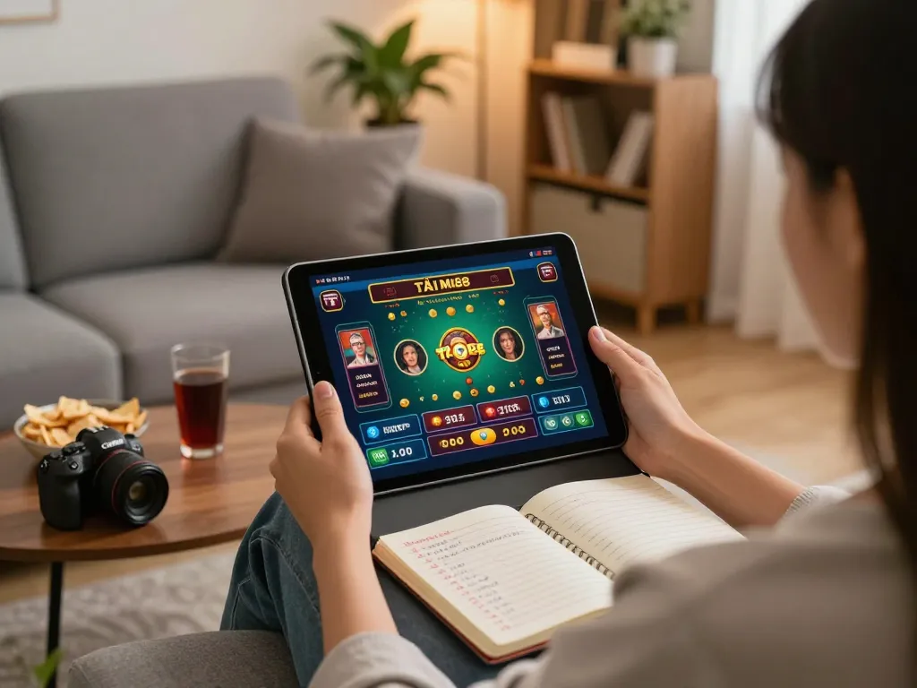 TẢI MI88 on a tablet in a cozy living room, promoting responsible online gaming at home.