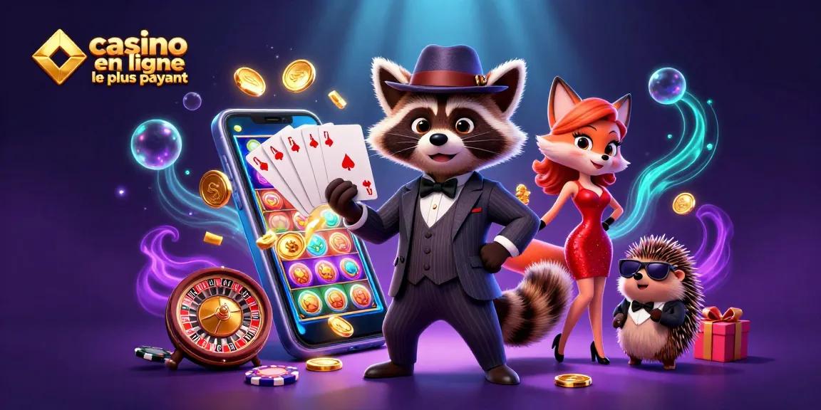 Illustration dynamique d'un casino en ligne le plus payant avec un raton laveur, une renarde et un hérisson, jouant aux cartes.