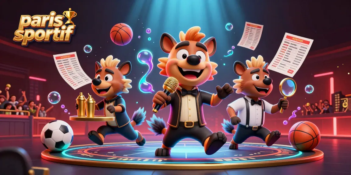 Des hyènes animées comiques présentant des paris sportifs avec ambiance de paris sportifs et trophées.