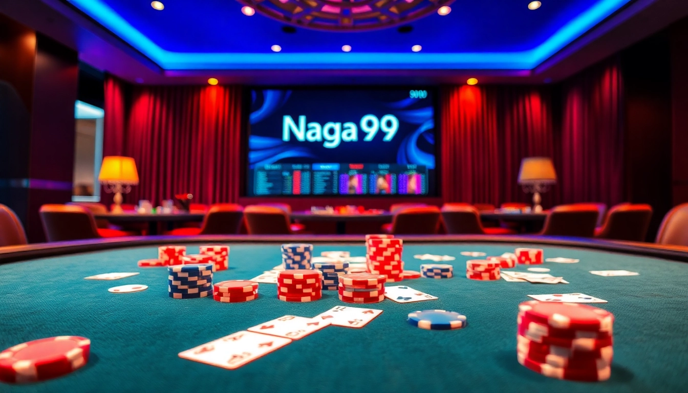 Naga99 players engaging at a vibrant casino table with poker chips and cards.