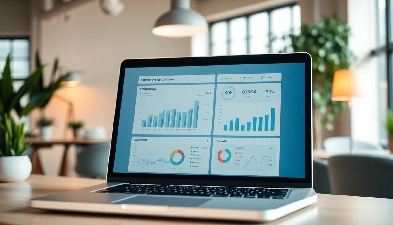 Showcase of membership software interface on a laptop in a bright office, enhancing member management.