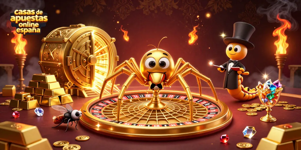 Casas de apuestas online España con una araña dorada que teje una rueda de ruleta en un fondo vibrante.