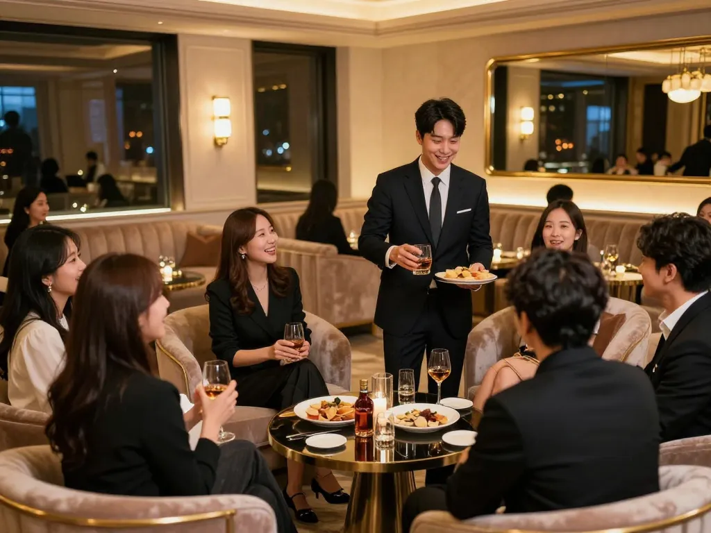 Guests enjoying luxury service at a 강남쩜오 venue, showcasing elegant atmosphere and high-end nightlife.