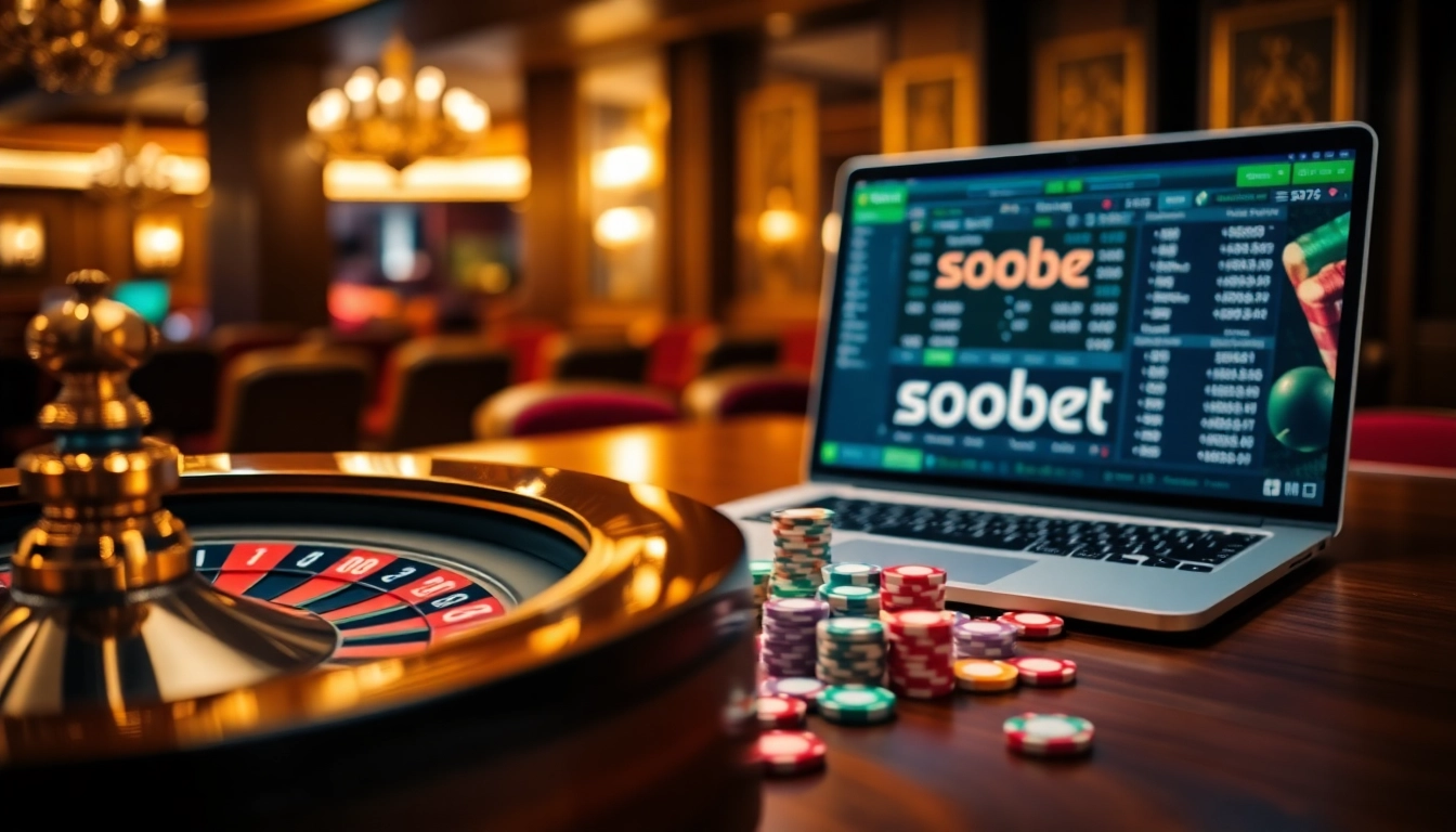 Engaging sbobet online betting scene with poker chips and a roulette wheel.