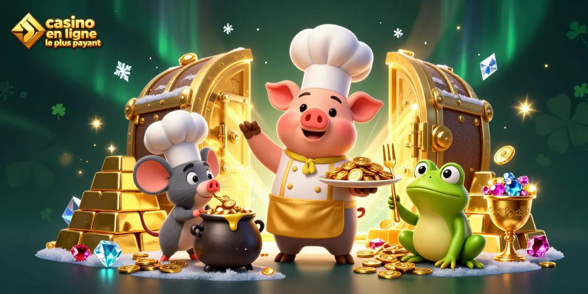 Illustration 3D du casino en ligne le plus payant, mettant en scène un chef cochon et un critique de nourriture