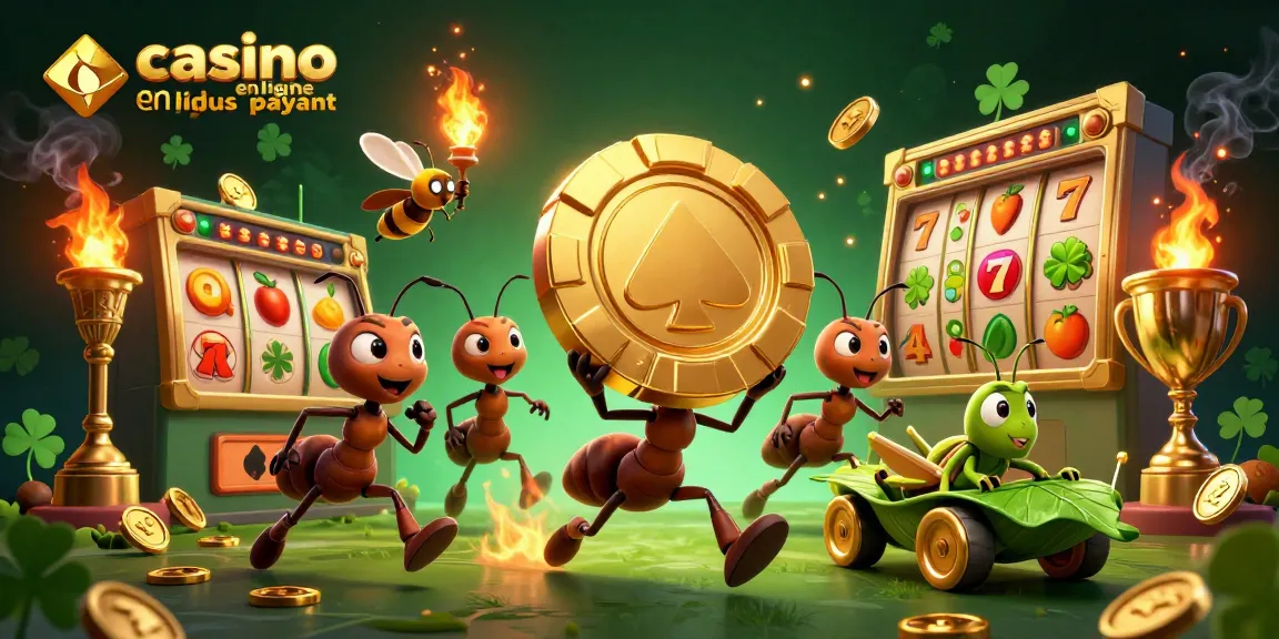 Jouer avec le casino en ligne le plus payant dans une scène animée regroupant des fourmis, une luciole et un sauterelle.