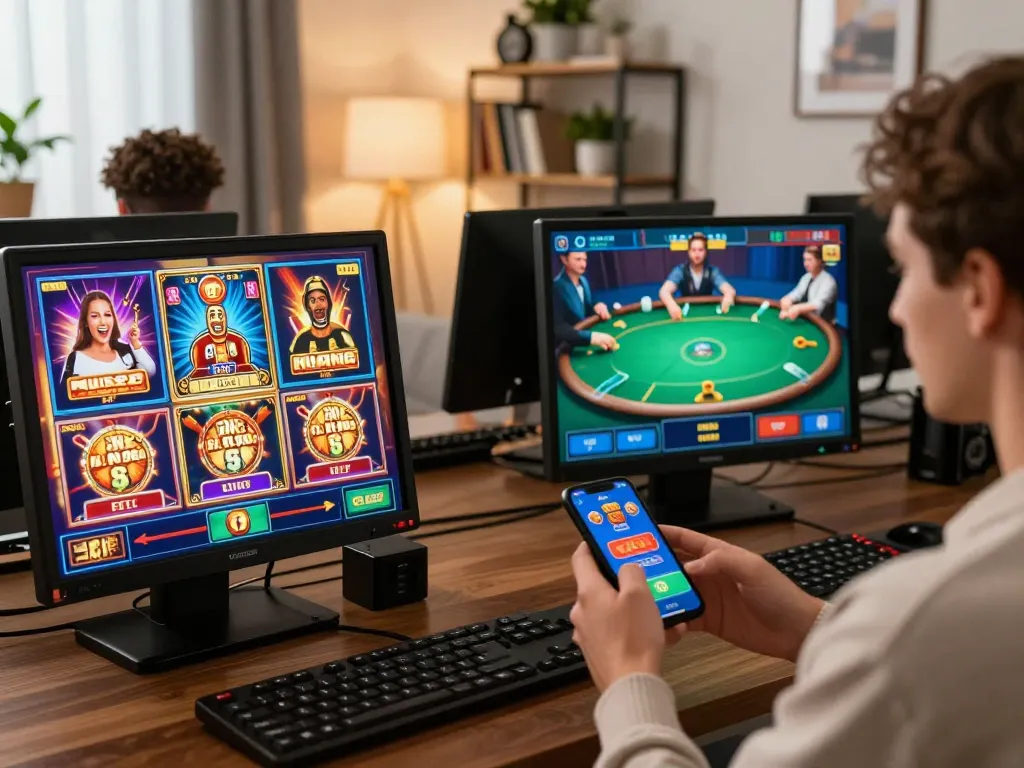 Menikmati permainan daring di rumah dengan mesin slot hoki88 dan antarmuka poker yang ditampilkan.