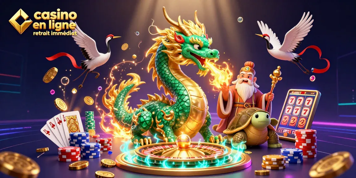 Animations de casino en ligne retrait immédiat avec dragon et sage, entourés de pièces d'or.