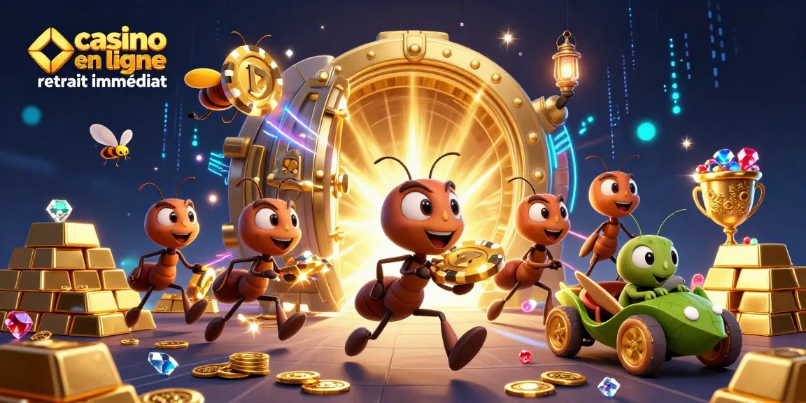 Équipe d'ants cartoonesques transportant un jeton de poker géant au sein d'une scène dynamique sur le thème casino en ligne retrait immédiat.