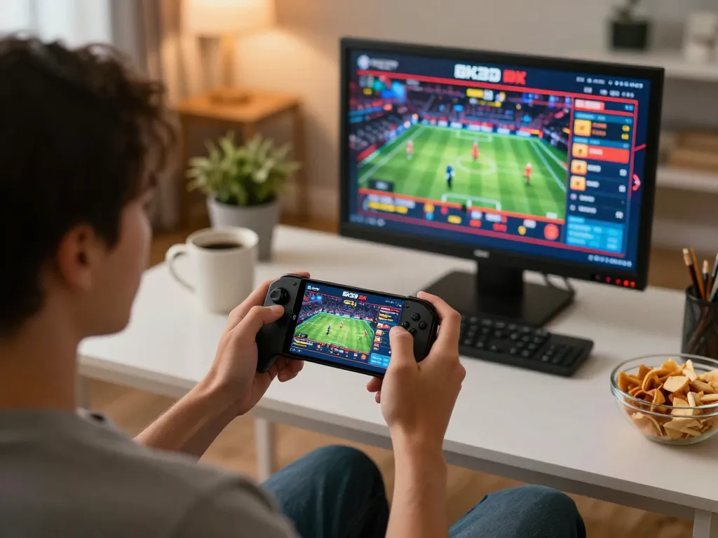 Engaging with the BK33 app for mobile gaming excitement in a cozy home setup.