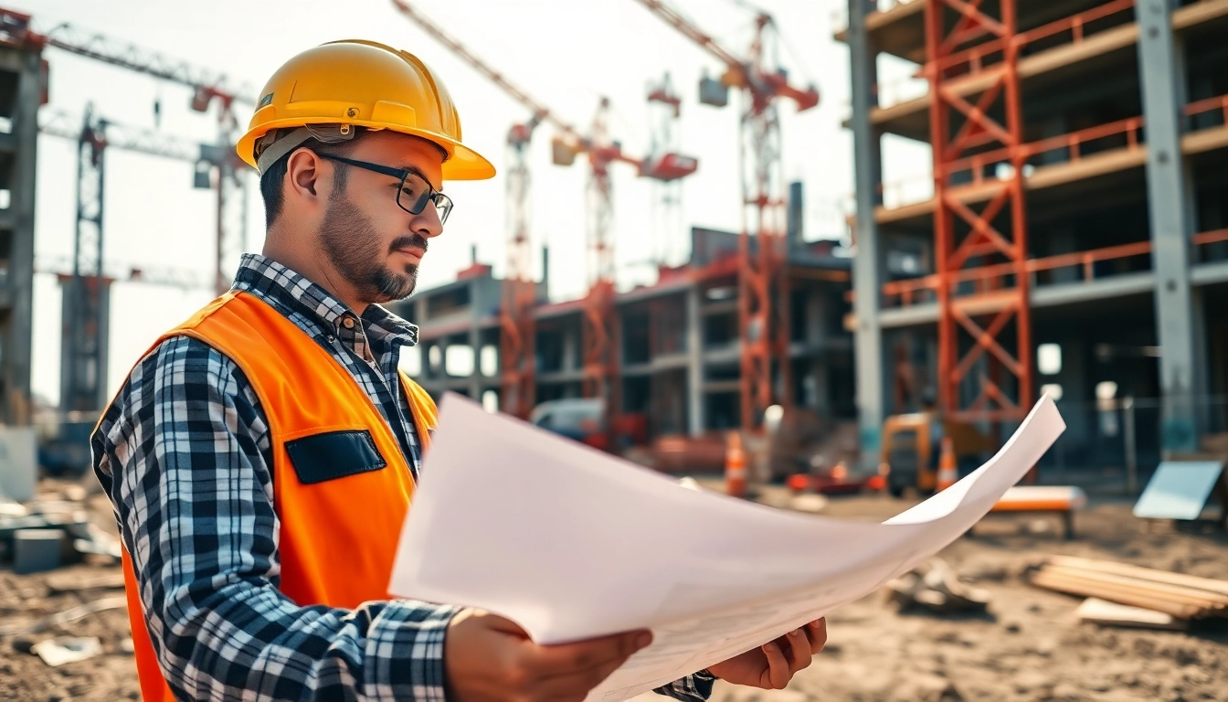 Engage in careers in construction by analyzing blueprints at a bustling construction site.