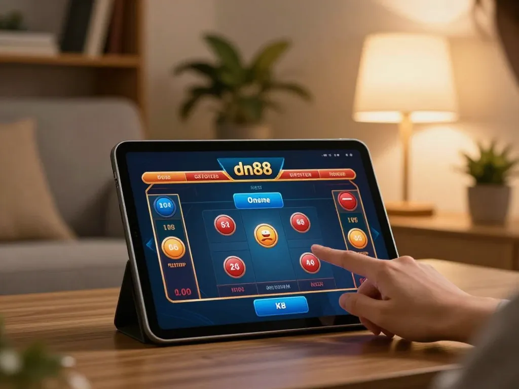 Play at dn88 online casino with tablet displaying game interface in cozy living room.