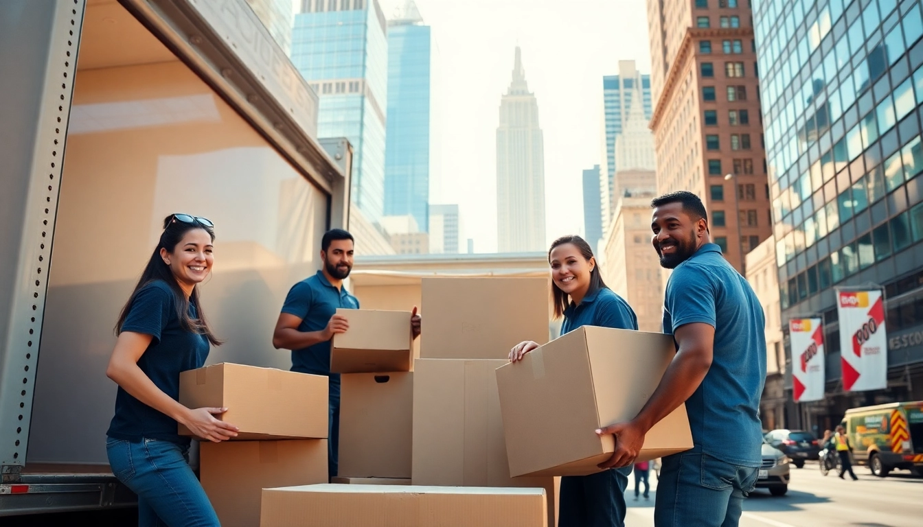 Manhattan movers efficiently packing belongings into a truck amidst a vibrant city backdrop.