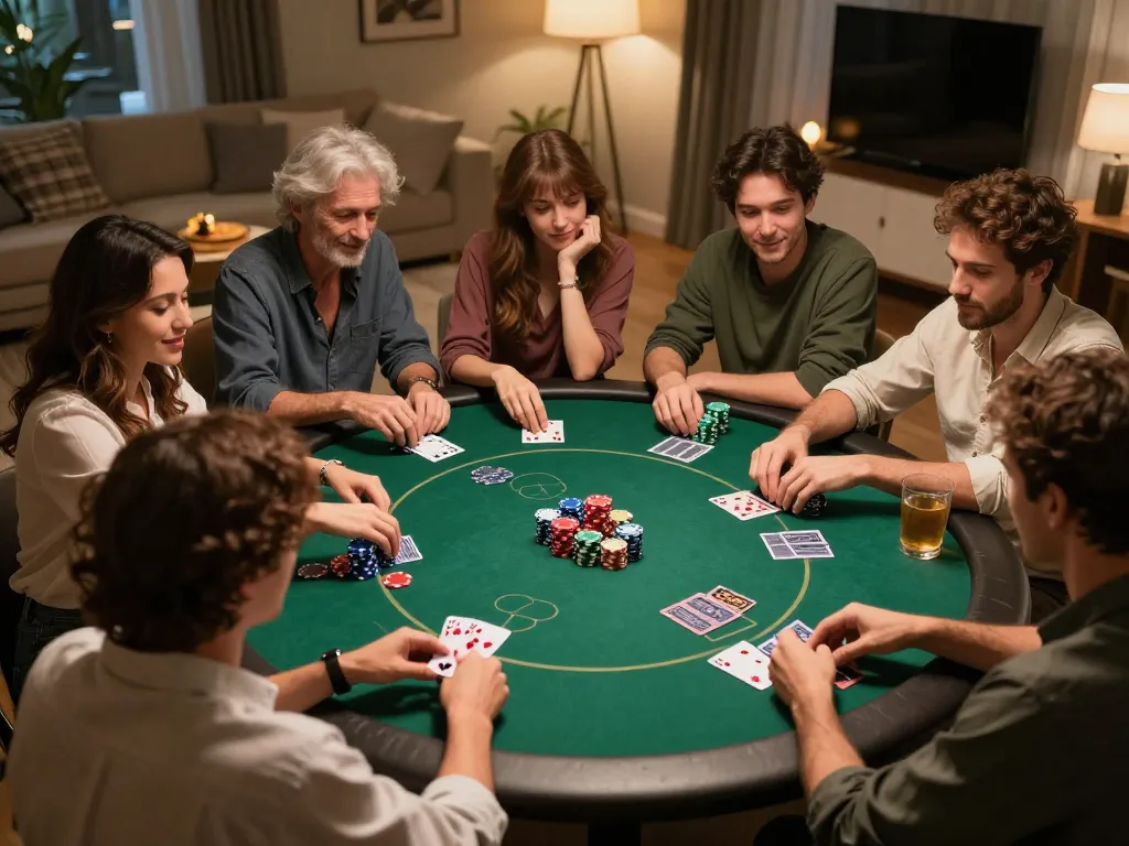 king33 players enjoying a friendly poker game, showcasing excitement and strategy in a cozy home setting.