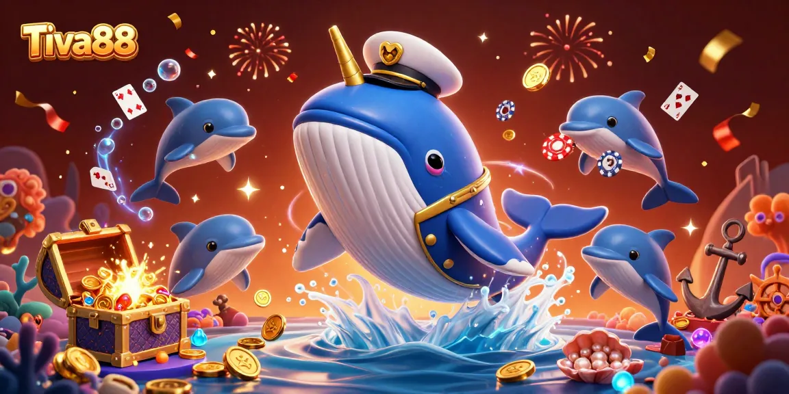 Tiva88 delivers thrilling online gaming experiences with a vibrant underwater scene featuring a playful whale and poker chips.