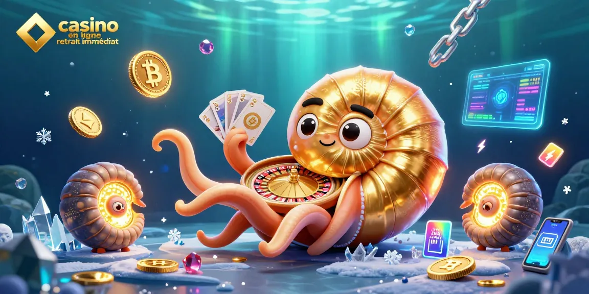 Une scène dynamique illustrant un nautilus géant, symbole du casino en ligne retrait immédiat, avec des pièces de crypto-monnaies.